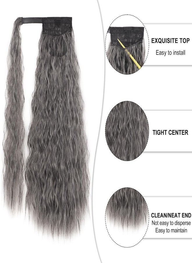 Stamped Glorious Long Corn Wave Ponytail Extension Magic Paste Heat Resistant Wavy Synthetic Wrap Around Ponytail Hairpiece for Black Women (22 Inch, 22 Inch-Grey) - Image 4